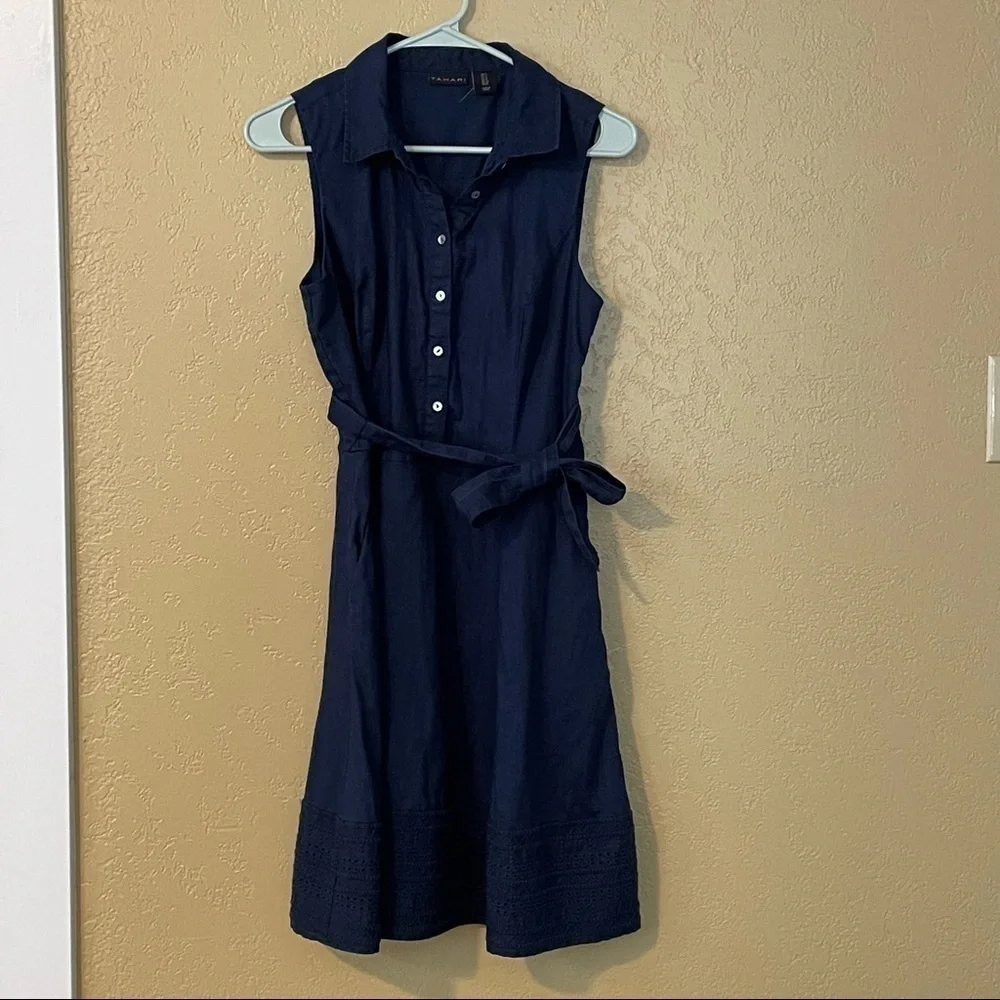 Tahari SZ 2 100% Linen Shirt Dress Navy blue fit flair - Picture 4 of 8